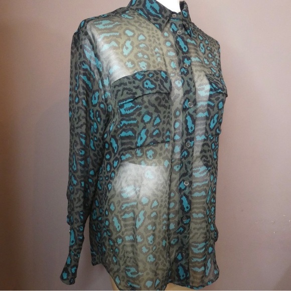 Equipment sheer silk cheetah print teal and green button down blouse - Picture 9 of 12